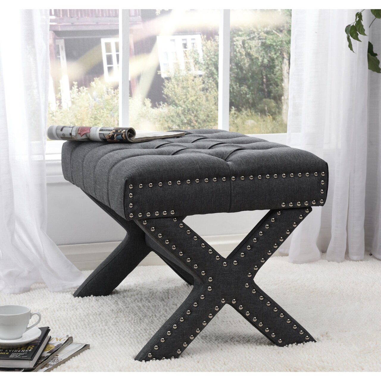 Charlize Linen/Velvet Button Tufted Nailhead Trim X-Leg Ottoman